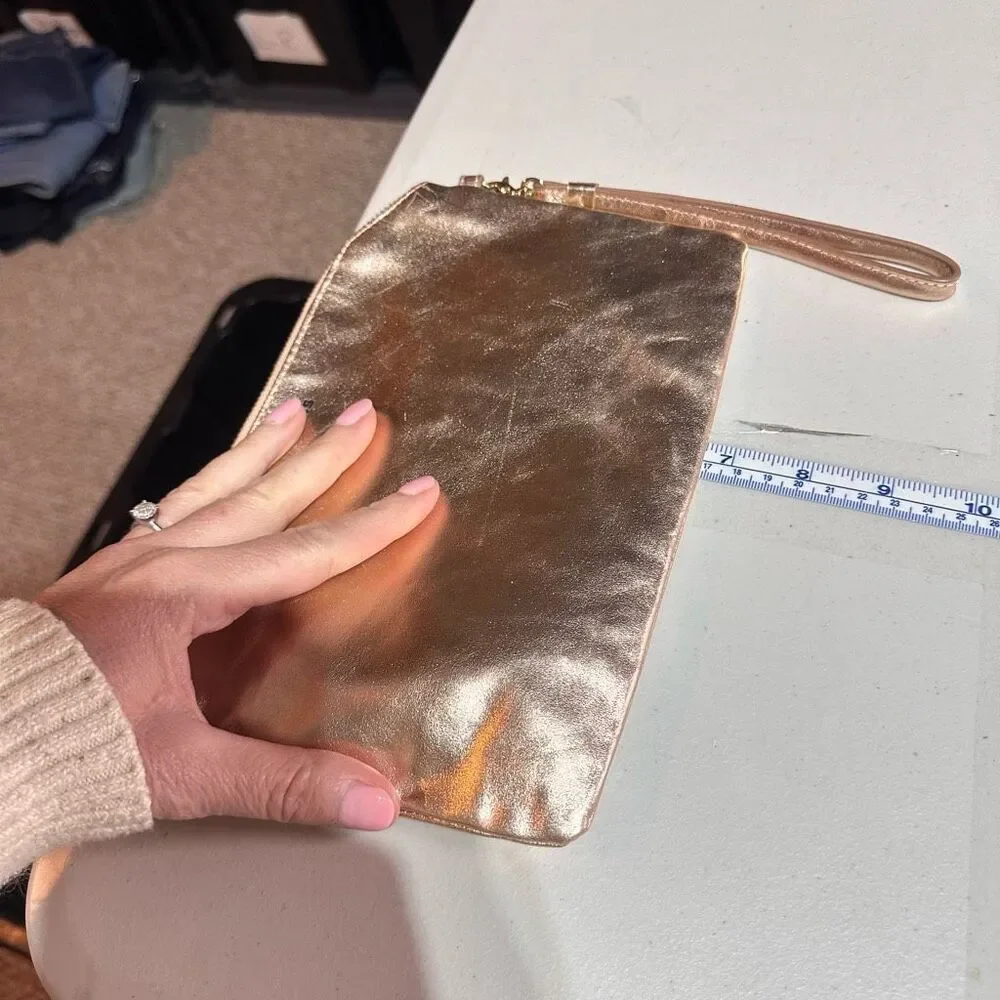 Lodis Rose Gold Metallic Leather Clutch Wristlet‎ Cosmetic Makeup Bag Toiletries